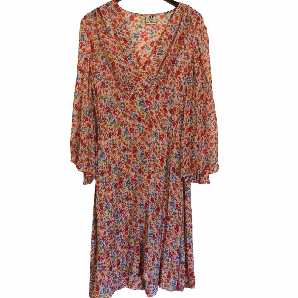 ULF Andersson Floral Pink Semi Sheer Long Sleeve V Neck Dress Size Large